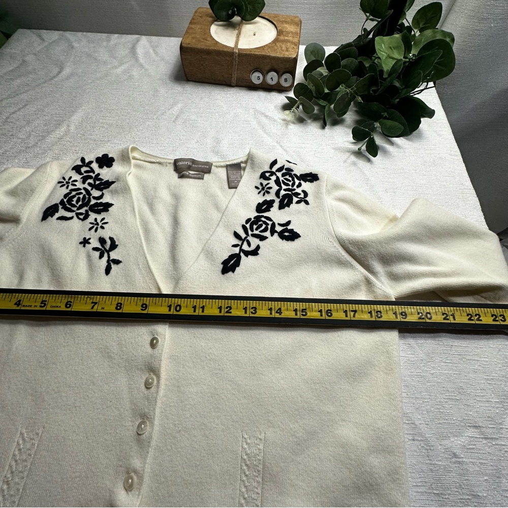 Valerie Separates Cream Button Up Cardigan Sweater w/ Black Floral Embroidery/M - Picture 7 of 9